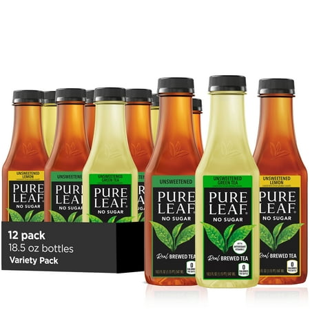 Lipton Pure Leaf Unsweetened Iced Tea Variety Pack, 18.5 fl oz 12 Pack Bottles, Real Brewed