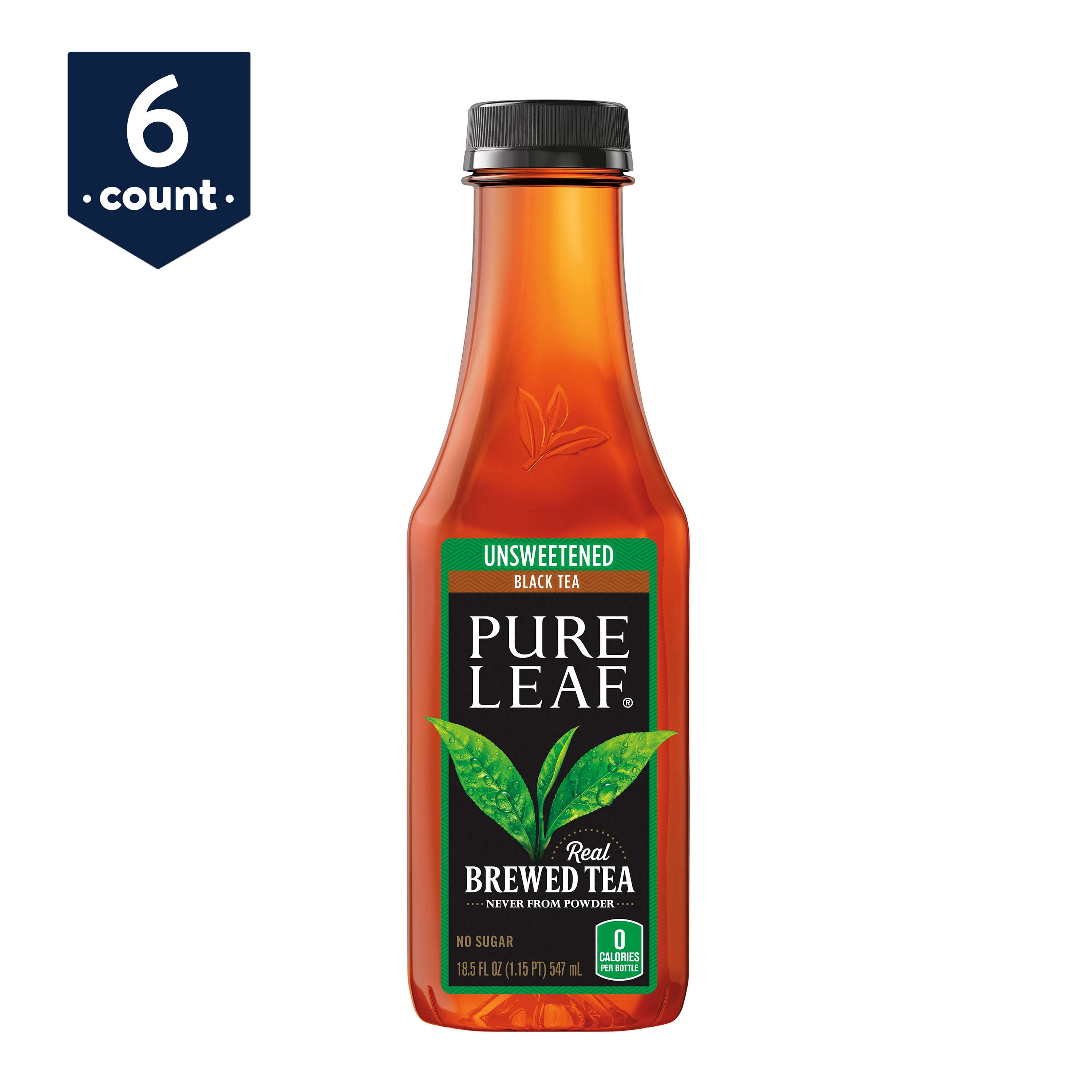 Lipton Pure Leaf Unsweetened Real Brewed Black Iced Tea, 18.5 fl oz, 6 Pack Bottles