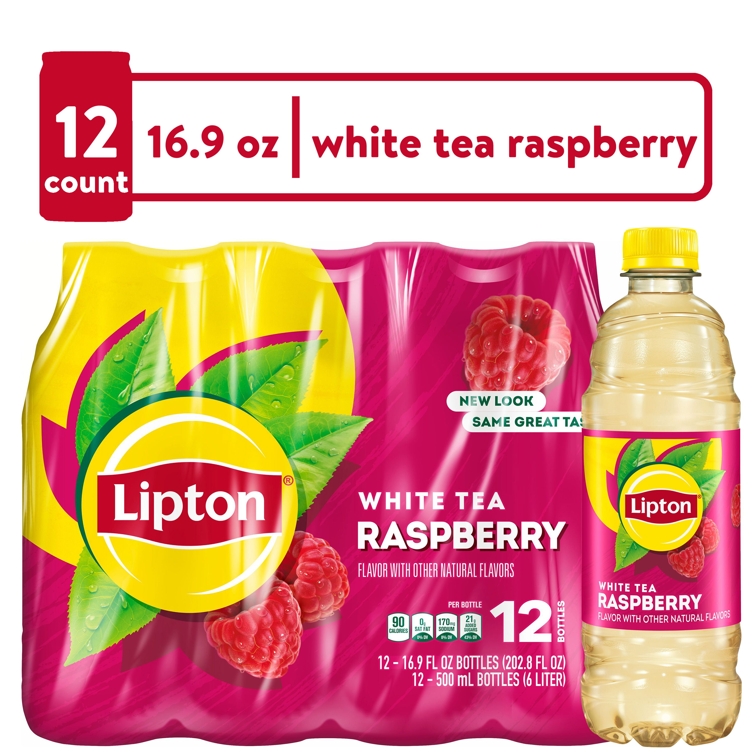 Lipton Raspberry White Tea Iced Tea, Bottled Tea Drink, 16.9 fl oz, 12 Pack Bottles - image 1 of 6