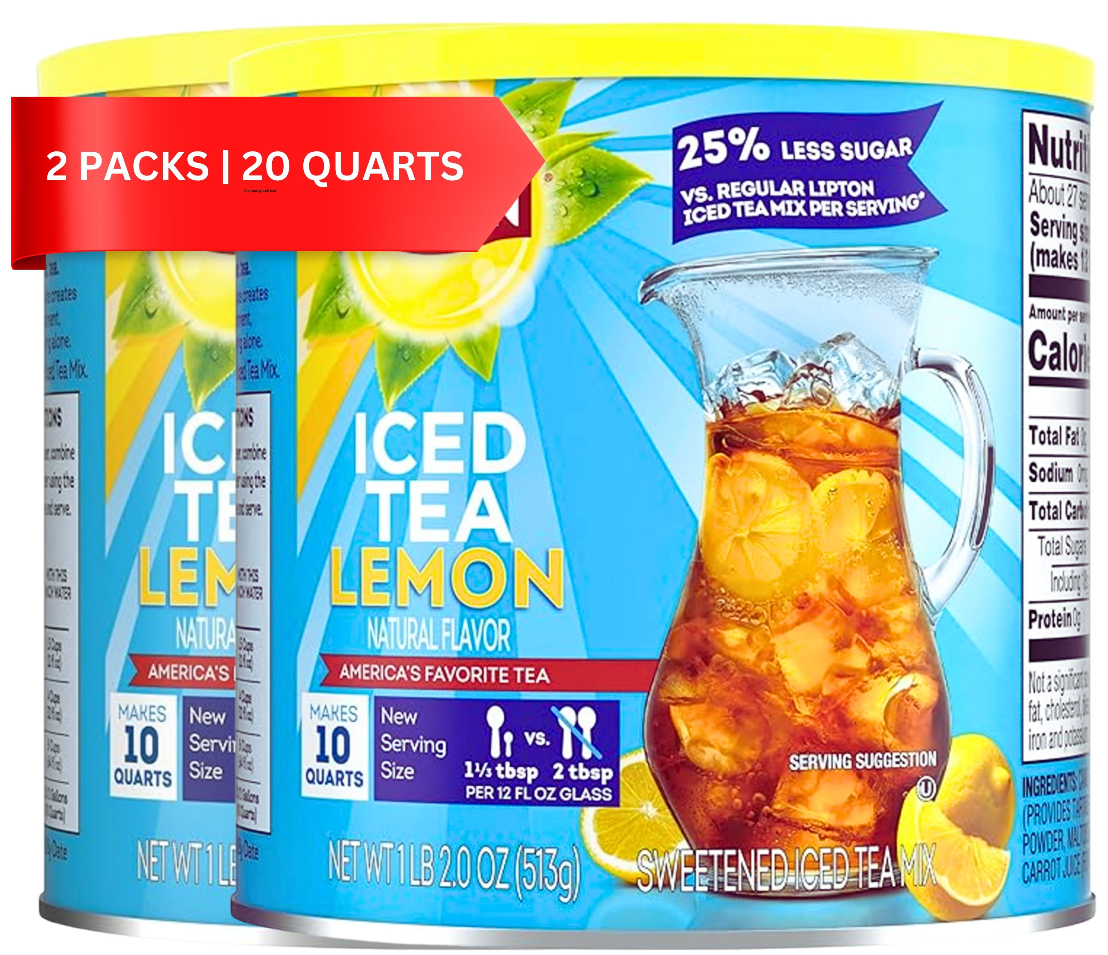 Lipton Reduced Sugar Iced Tea Mix, Lemon Flavor, 10 Quarts Each