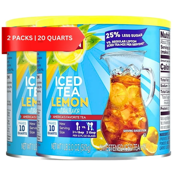 Lipton Reduced Sugar Iced Tea Mix, Lemon Flavor, 10 Quarts Each (Pack of 2) Total 20 Quarts, 25% Less Sugar, Powder Drink Mix