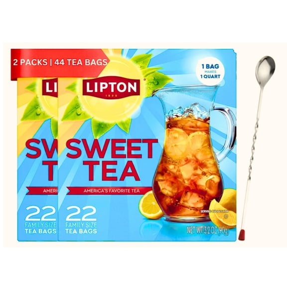 Lipton Southern Sweet Iced Tea Bags, Family Size, 44 Count Total, Pack of 2 with Long Handle Stirring Spoon