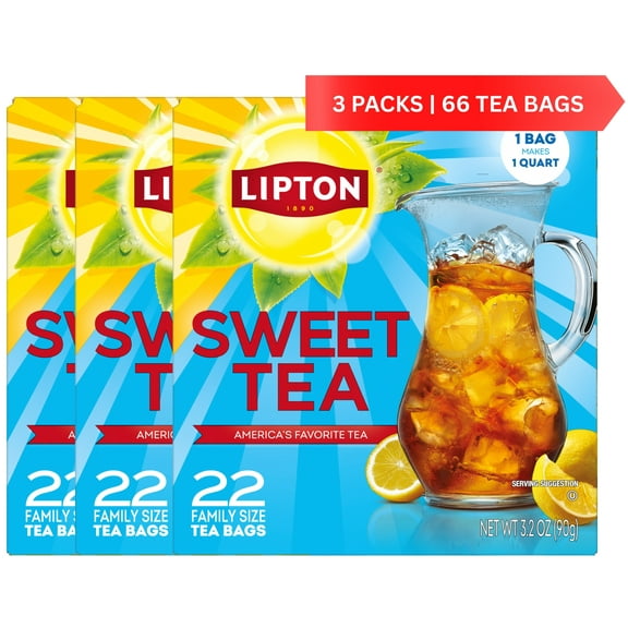 Lipton Southern Sweet Tea Iced Tea Drink Mix 22 Family Size Tea Bags (Pack of 3)