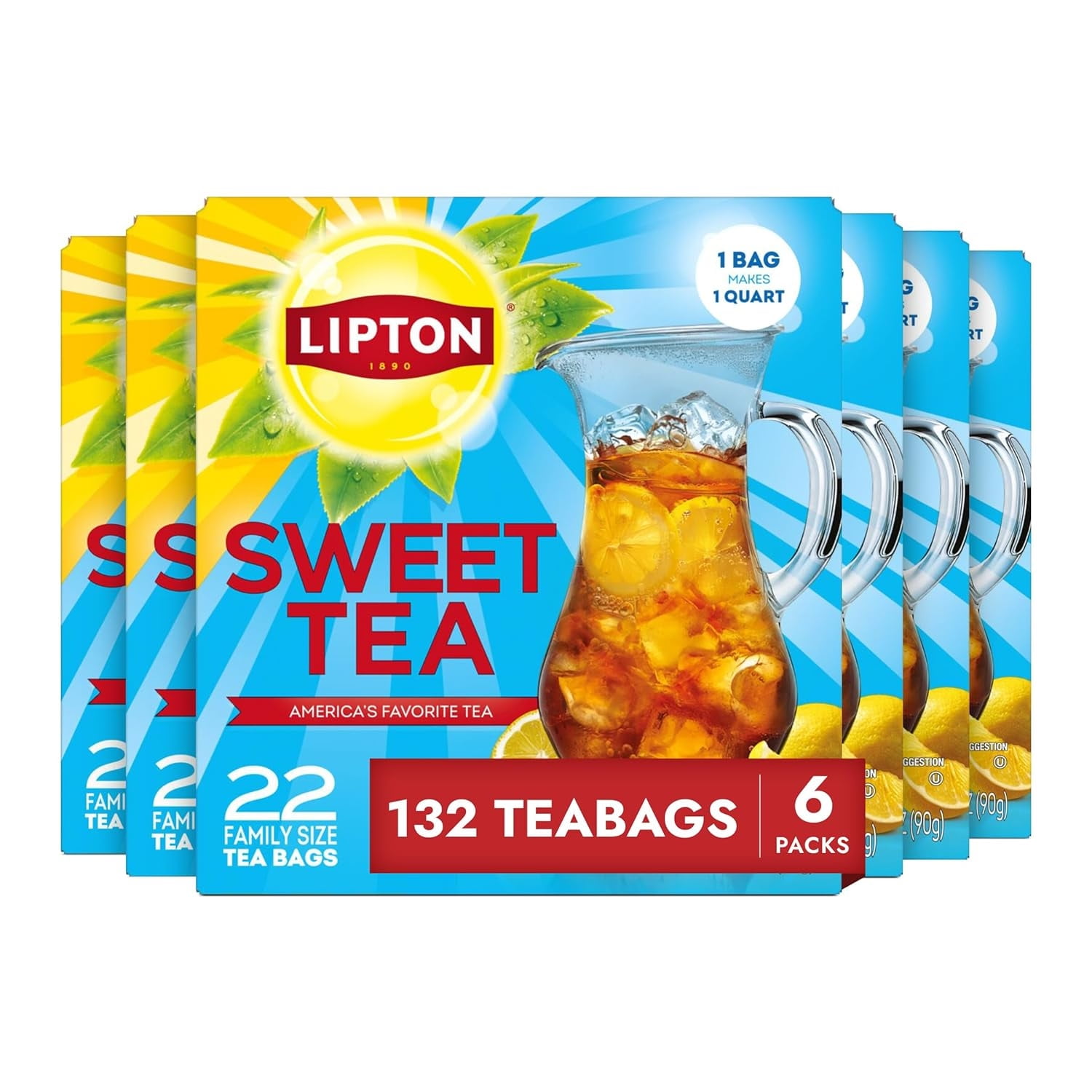 Lipton Southernn Sweet Iced Tea Bags, Family Size, 22 Count (Pack of 6)