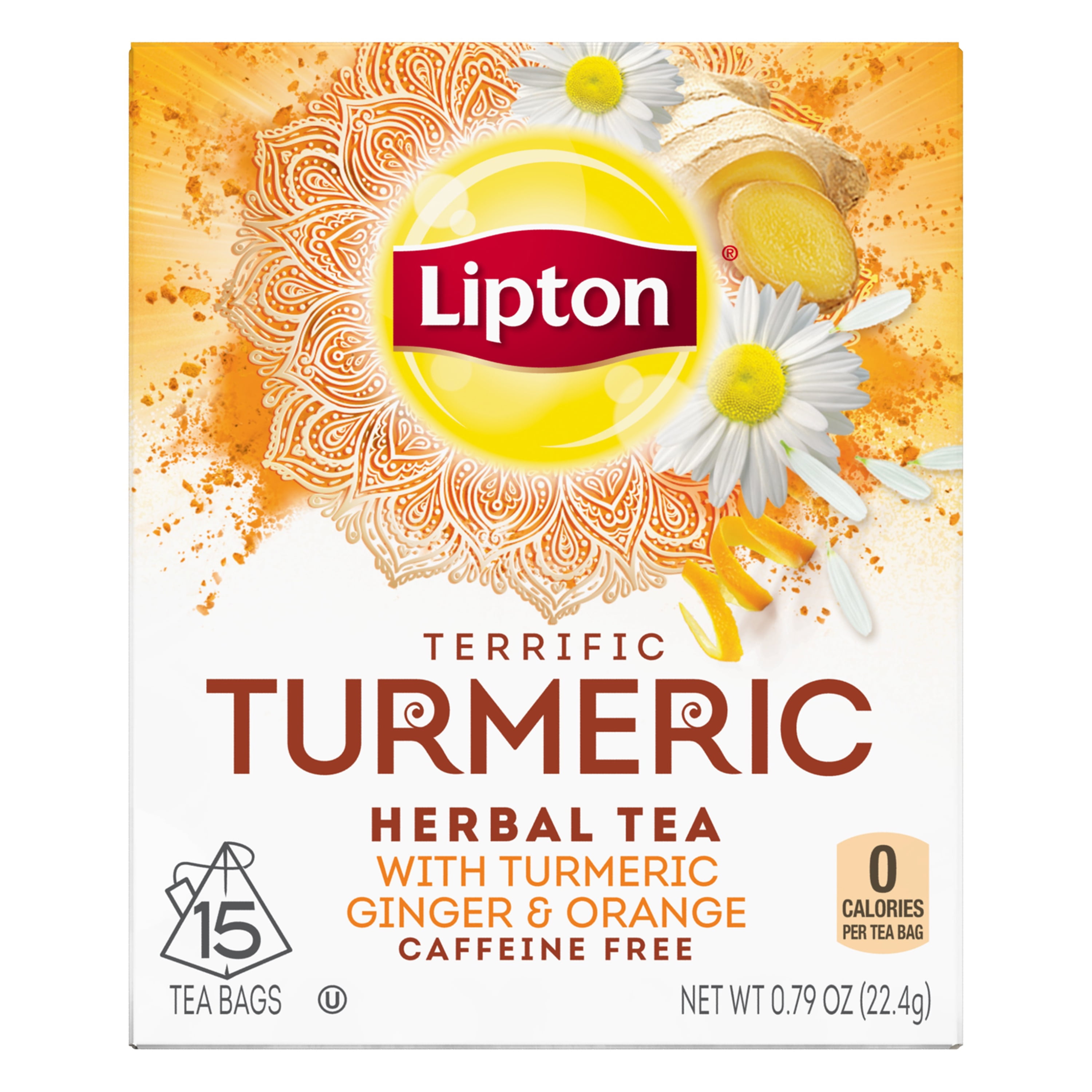 Lipton Terrific Turmeric Herbal Tea, Ginger Orange, Caffeine-Free, Tea Bags 15 Ct