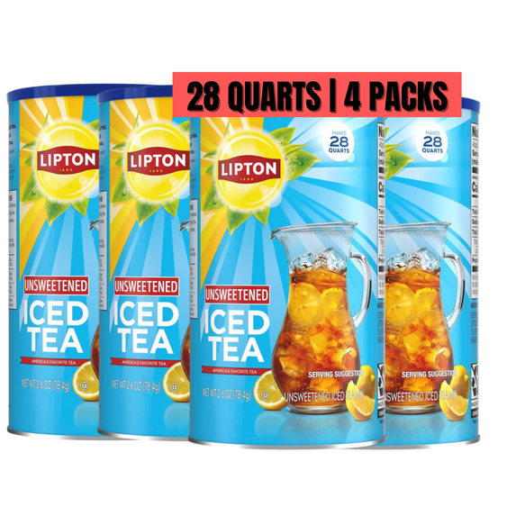 Lipton Unsweetened Iced Tea Mix, Sugar-Free, Black Tea, Made from Real Tea Leaves, 28 Quarts Each – Pack of 4 (Total 112 Quarts)