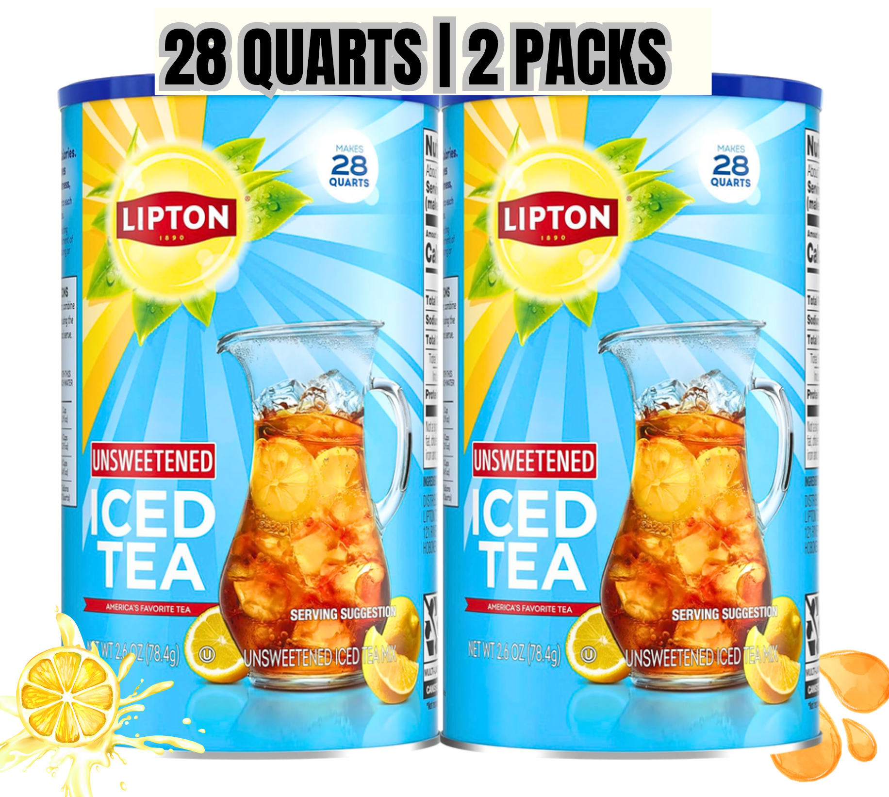 Lipton Unsweetened Iced Tea Mix, Sugar-Free, Made from Real Tea Leaves, 28 Quarts Each Pack of 2 (Total 56 Quarts)