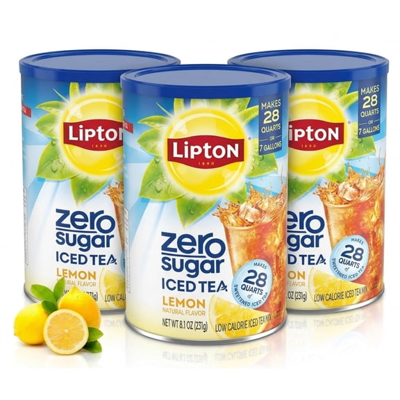 Lipton Zero Sugar Lemon Iced Tea Mix, Makes 28 Quarts Each, Pack of 3, 84 Quarts Total, Instant Lemon Black Tea Drink Mix