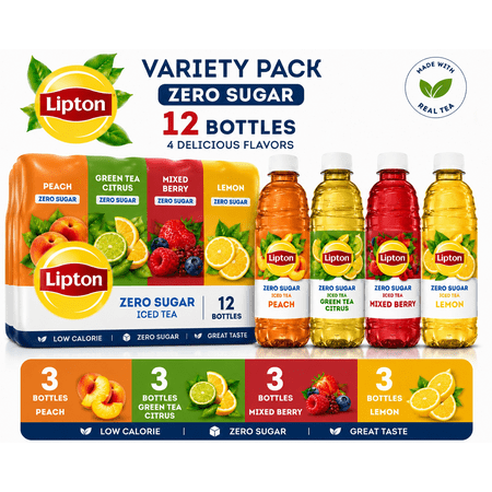 Lipton Zero Sugar Variety Pack Iced Tea, Lemon, Peach, Mixed Berry & Citrus, 16.9 fl oz, 12 Bottles