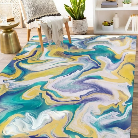 Liquid Abstract Marble Swirl Modern Yellow Blue Area Rug For Living Room Bedroom Diningroom Soft Washable Luxury Home Office Floor Rug 3x5ft