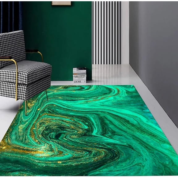 Liquid Aesthetic Modern Abstract Emerald Green Gold Marble Area Rug For Living Room Bedroom Dining Room Washable Thick No-Slip Farmhouse Carpet Kitchen Laundry Runner Mat 2 x 3ft