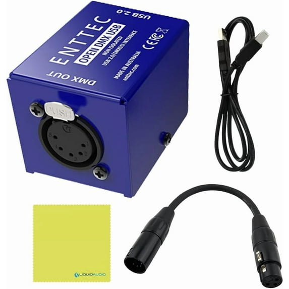 Enttec Open DMX USB Lighting Interface Controller Widget Open Source/Hardware Bundle DMX Adapter 5 PinM to 3 PinF XLR and Liquid Audio Polishing Cloth