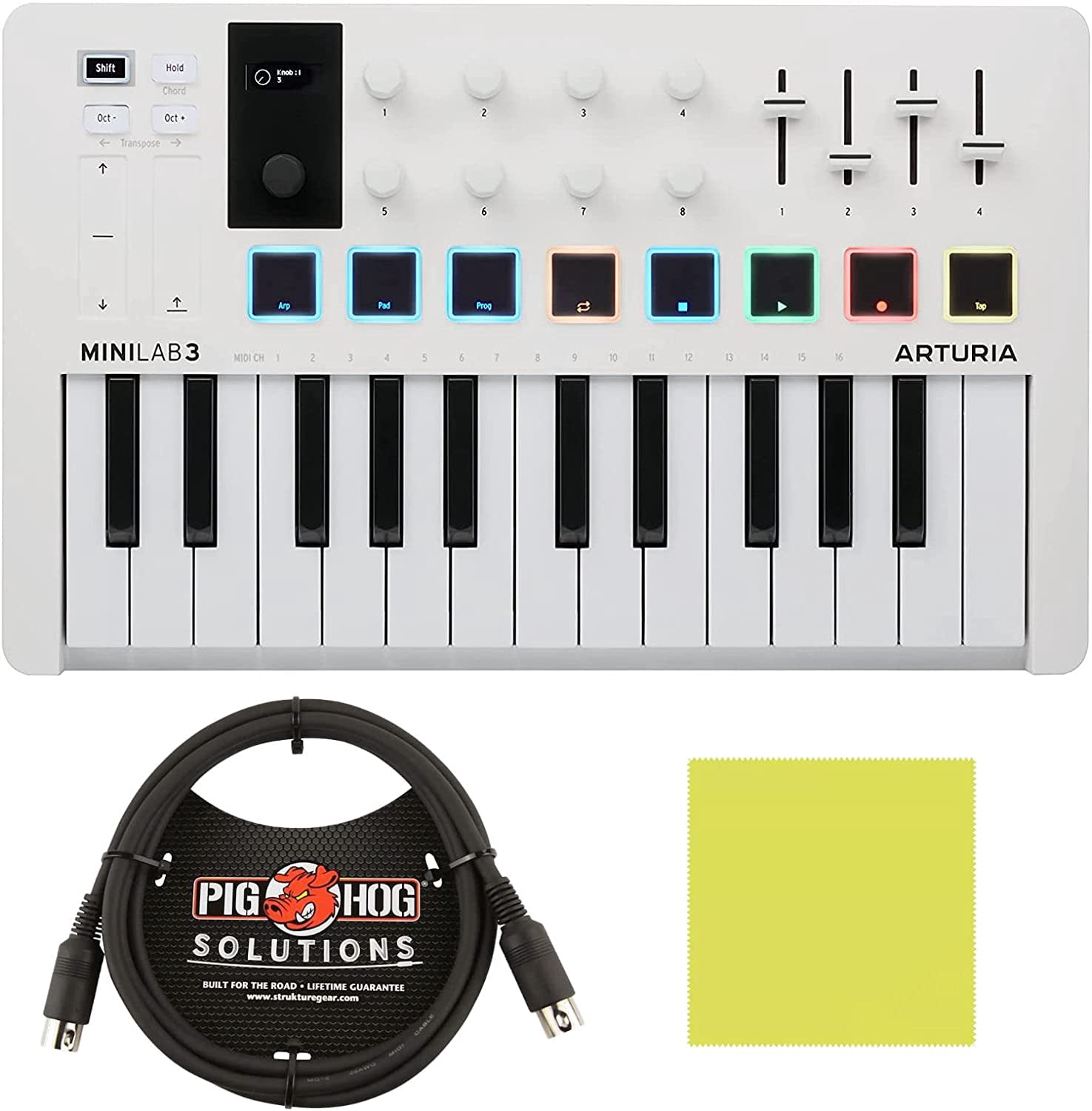 Arturia MiniLab 3 Portable 25-Key MIDI Keyboard Controller White with Pig Hog MIDI Cable, Polishing Cloth & Software Included