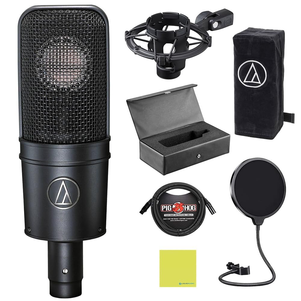 Liquid Audio Audio Technica AT4040 Cardioid Condenser MicrophoneBundle w/Pig Hog PHM10 8mm Mic Cable, Pop Filter Polishing Cloth