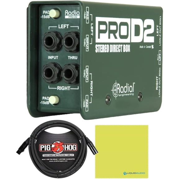 Liquid Audio Radial DI Box PROD2 Passive Stereo DI Box w/10ft Pig Hog XLR Cord