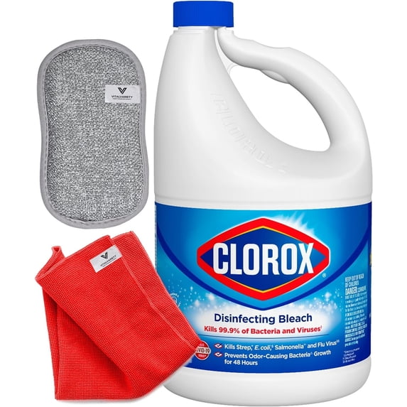 Liquid Bleach Laundry Cleaner Concentrate for Bathroom and Laundry 121oz Bundled with Microfiber Cloth and Double-Sided Scrubby