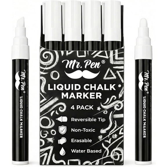 - Liquid Chalk Marker Pen, 4 Pack, 8x Labels, White Non-Toxic Odorless Chalk Markers, Dual Reversible Chisel & Bullet Tip, Ideal for Non-Porous Chalkboards, Chalkboard Vinyl, Glass & Metal