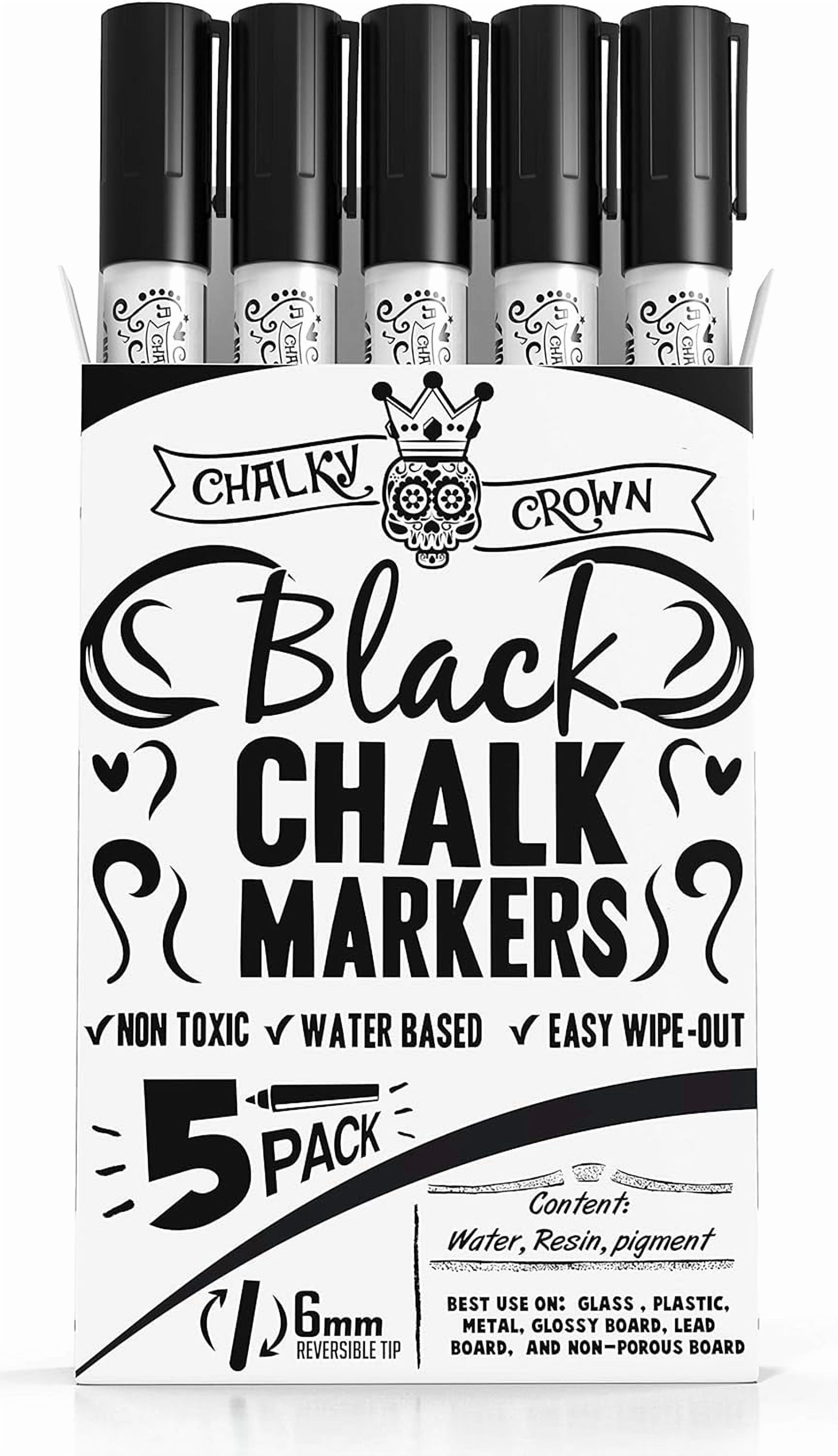 Liquid Chalk Marker Pen - Dry Erase Marker - Chalk Markers for Chalkboard Signs, Windows, Blackboard, Glass - 6mm Reversible Tip (Black, 5 Pack)