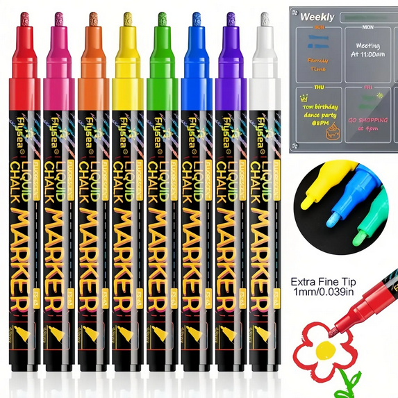 Liquid Chalk Markers for Blackboard & Glass, 8 Pack Dry Erase Marker Pens,Window Marker, Liquid Chalk Pens for Acrylic Dry Erase Board, Mirror, Car, Glass,Signs,Thin Chalkboard,1mm Point