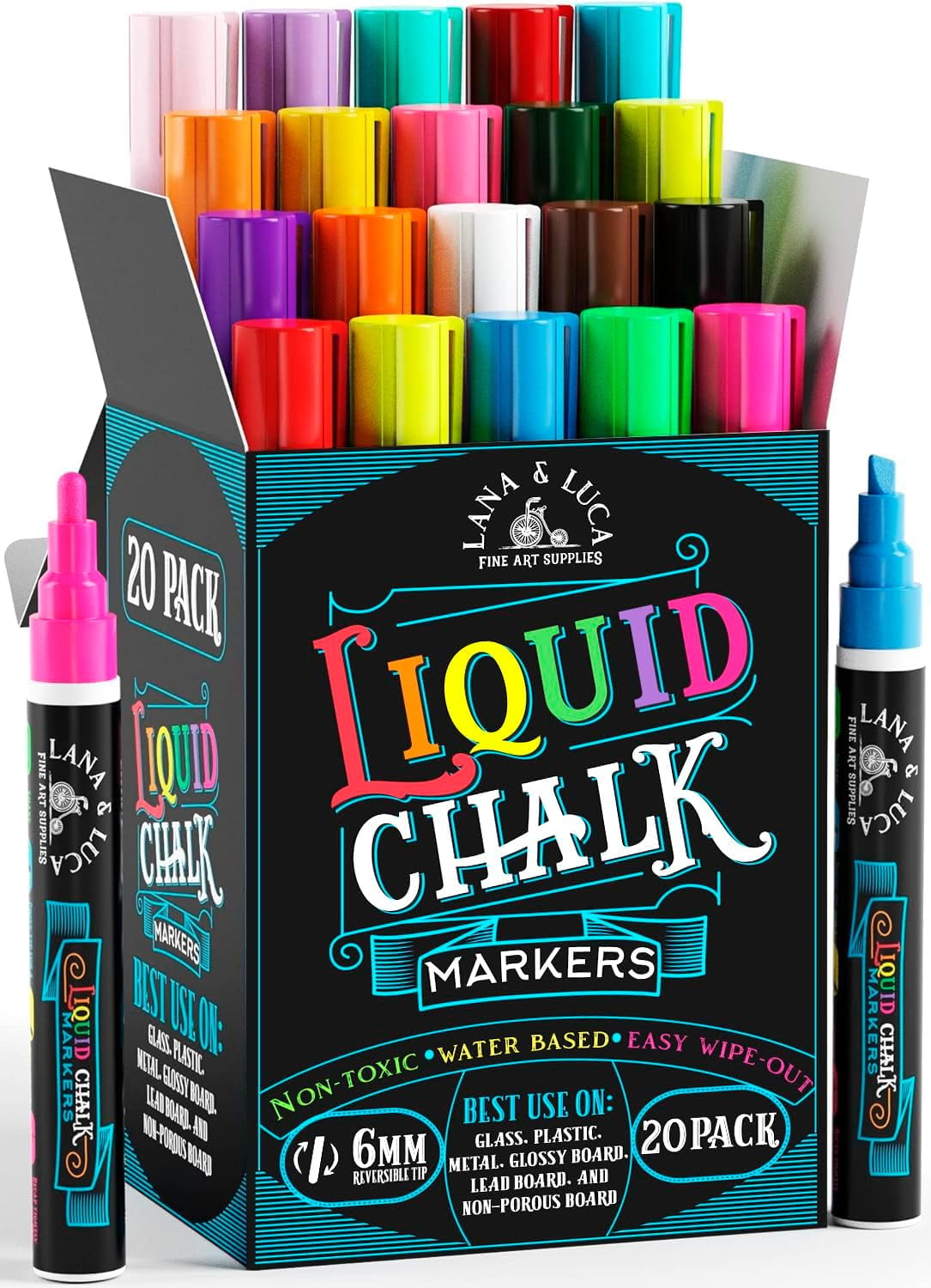 Liquid Chalk Markers for Blackboards - Bold Color Dry Erase Marker Pens Chalkboards Signs, Windows, Blackboard, Glass 6mm Reversible Tip (20 Pack)