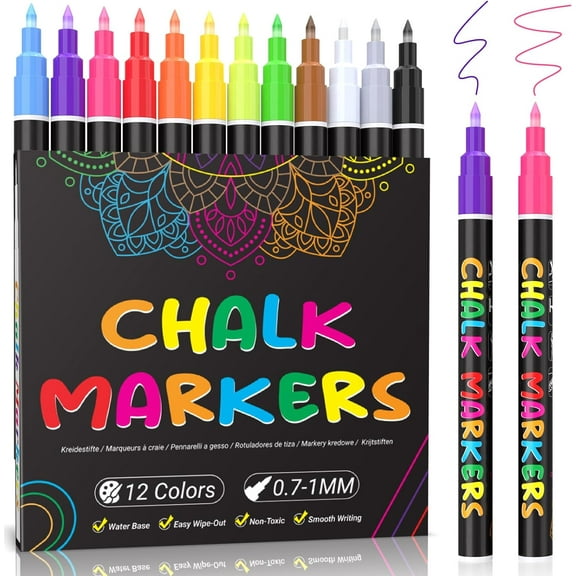 Liquid Chalk Markers - Fine Tip, 12 Vibrant Colors, Wet Erase Markers, 1mm Point, for Blackboard, Glass, Windows, Bistro, 45 Labels Included