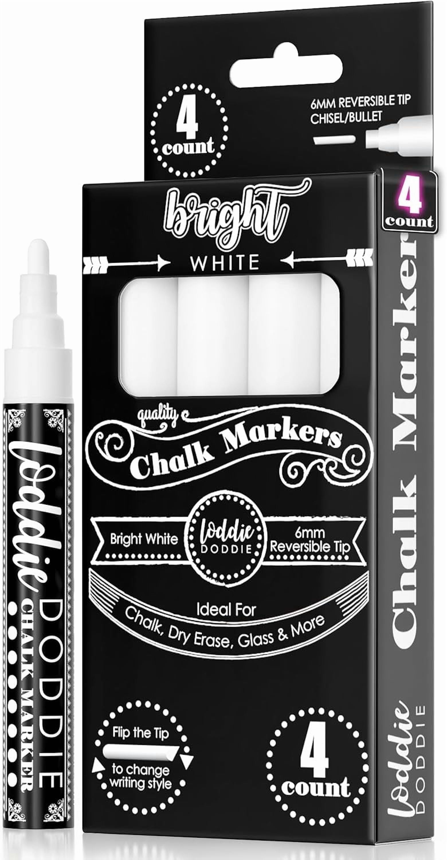 Liquid Chalk Markers - Pack of 4, 6 mm Tip, White - Chalk Pens for Blackboard & Glass Surfaces - Erasable Window & Mirror Markers
