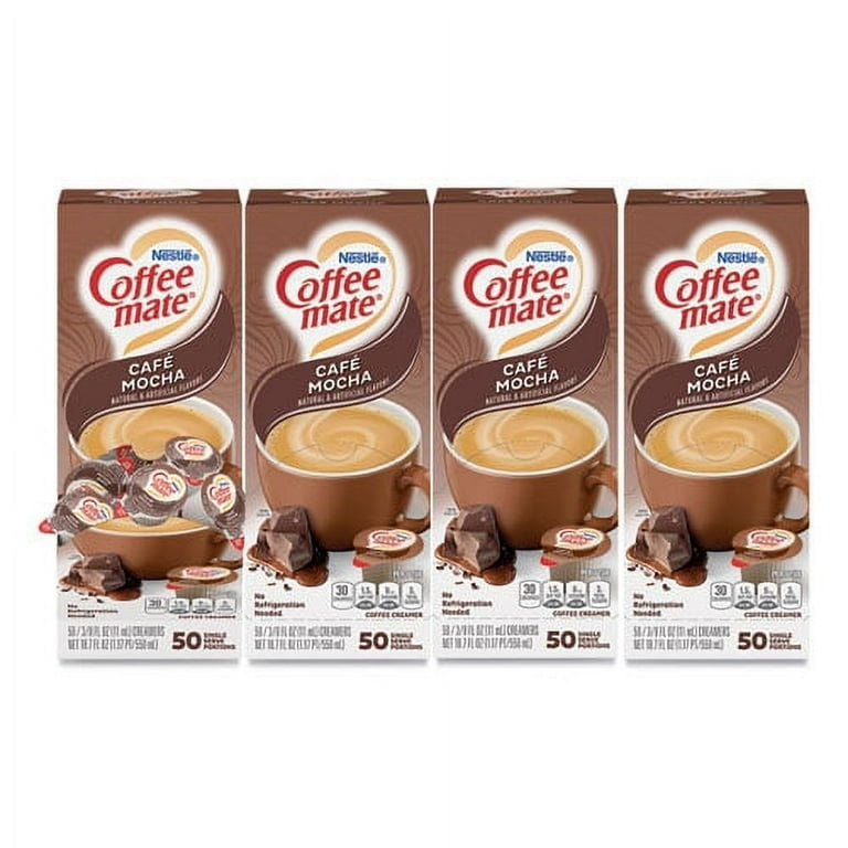 Liquid Coffee Creamer, Cafe Mocha, 0.38 oz Mini Cups, 50/Box, 4 Boxes/Carton, 200 Total/Carton Liquid Coffee Creamer, Cafe Mocha, 0.38 oz Mini Cups, 50/Box, 4 Boxes/Carton, 200 Total/Carton