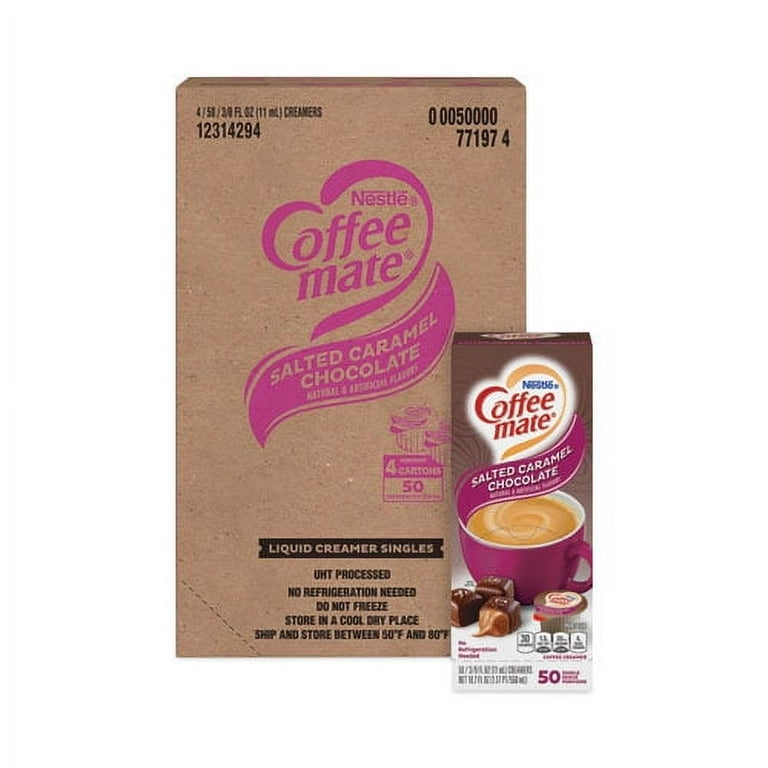 Liquid Coffee Creamer, Salted Caramel Chocolate, 0.38 oz Mini Cups, 50/Box Liquid Coffee Creamer, Salted Caramel Chocolate, 0.38 oz Mini Cups, 50/Box