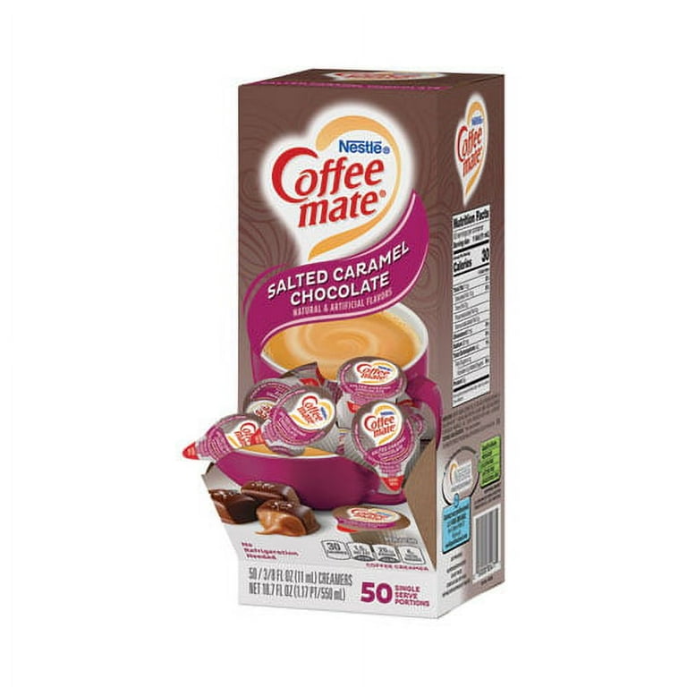 Liquid Coffee Creamer, Salted Caramel Chocolate, 0.38 oz Mini Cups, 50/Box Liquid Coffee Creamer, Salted Caramel Chocolate, 0.38 oz Mini Cups, 50/Box