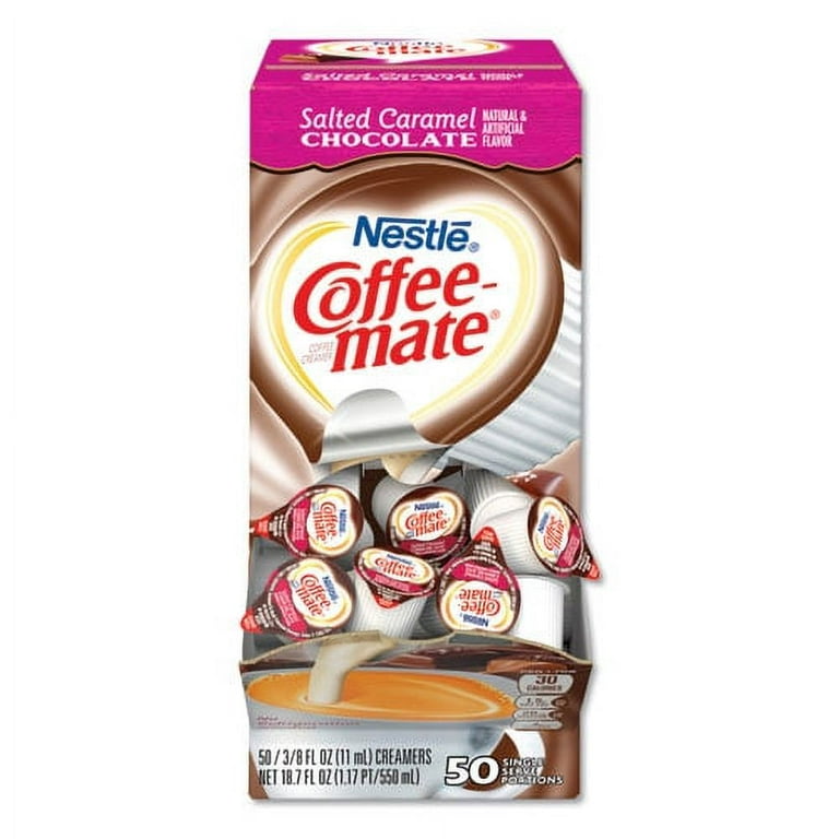 Liquid Coffee Creamer, Salted Caramel Chocolate, 0.38 oz Mini Cups, 50/Box Liquid Coffee Creamer, Salted Caramel Chocolate, 0.38 oz Mini Cups, 50/Box