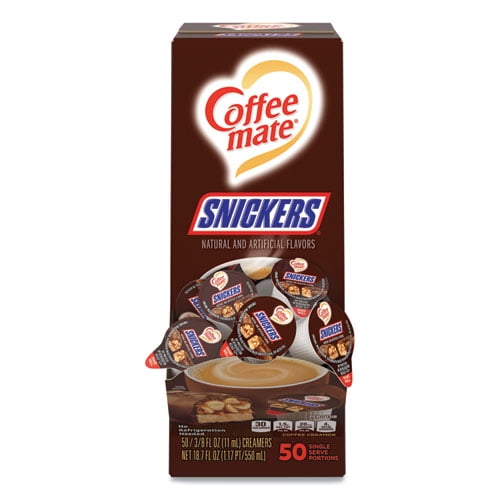 Liquid Coffee Creamer, Snickers, 0.38 oz Mini Cups, 50 Cups/Box Liquid Coffee Creamer, Snickers, 0.38 oz Mini Cups, 50 Cups/Box