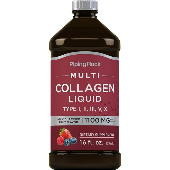 Liquid Collagen 16 fl oz | 1100mg | Fruit Flavor | Multi Collagen for Men and Women | by Piping Rock