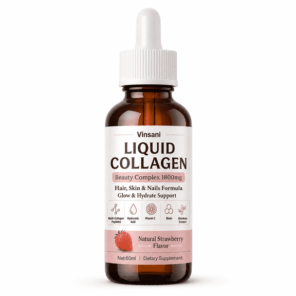 Liquid Collagen Beauty Complex Drops, 1800mg Multi Collagen Peptides with Hyaluronic Acid Biotin Vitamin C, 60ml Natural Strawberry Flavor, Supports Skin Nail & Hair Appearance Wellness