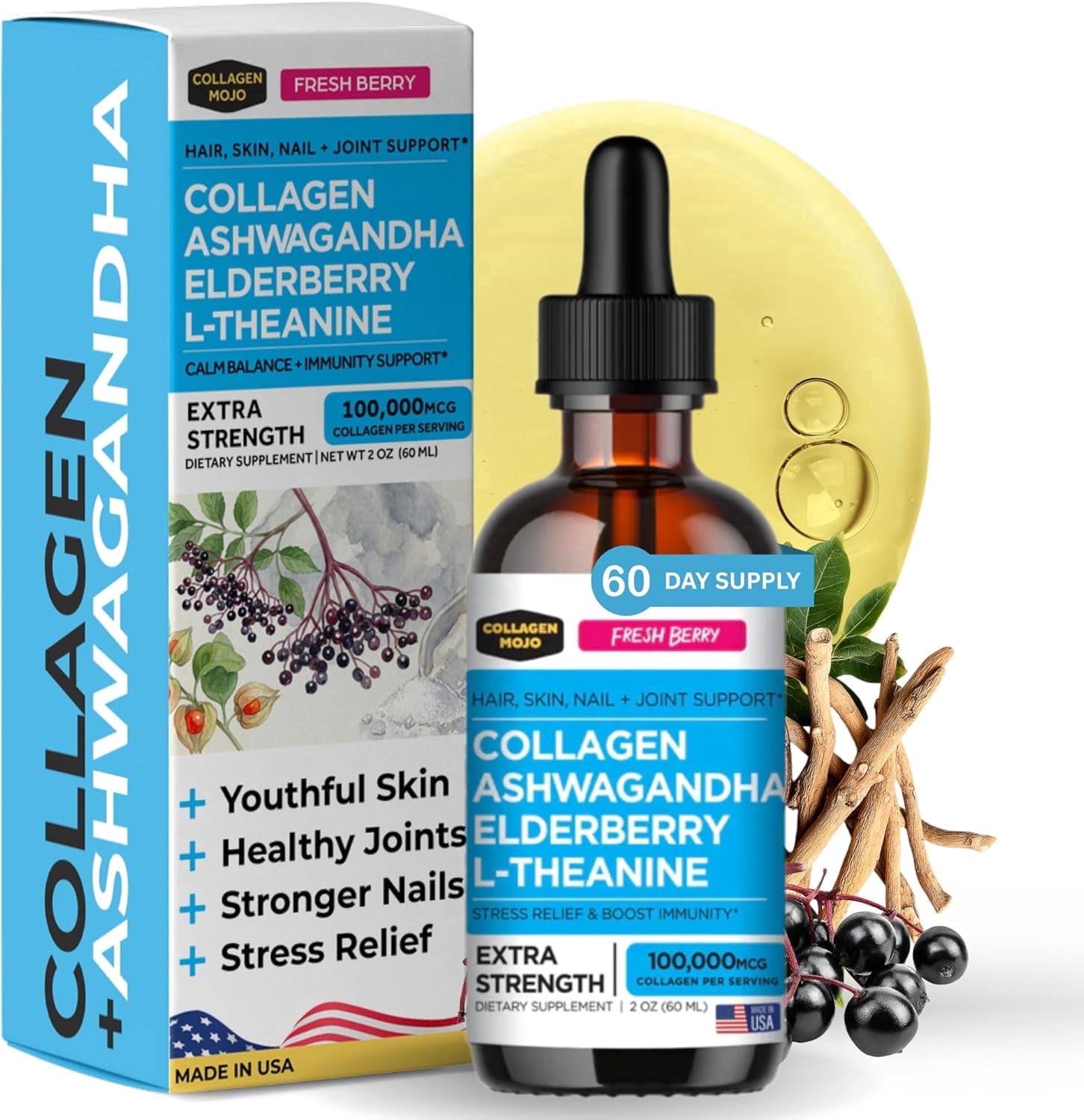 Liquid Collagen Peptides with Ashwagandha, Elderberry & L-Theanine. High Potency and Absorption Formula. Hair, Skin, Nail + Joint Support. Stress Relief & Immunity Booster – Collagen Mojo - 2 oz.
