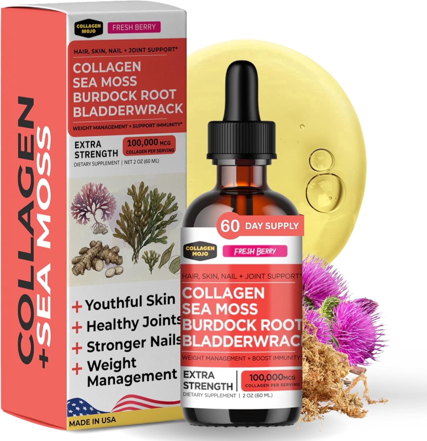 Liquid Collagen Peptides with Sea Moss, Burdock Root & Bladderwrack - High Potency/Absorption Formula. Hair, Skin, Nail + Joint Support. Weight Management & Immunity Booster – Collagen Mojo - 2 oz.