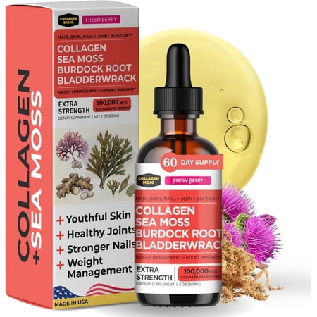 Liquid Collagen Peptides with Sea Moss, Burdock Root & Bladderwrack - High Potency/Absorption Formula. Hair, Skin, Nail + Joint Support. Weight Management & Immunity Booster – Collagen Mojo - 2 oz.