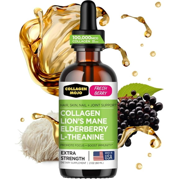 Liquid Collagen Peptides w/ Lion's Mane Mushroom, Elderberry & L-Theanine  High Potency/Absorption Formula. Hair, Skin, Nail + Joint Support. Fight Brain Fog & Boost Immunity  Collagen Mojo - 2 oz.