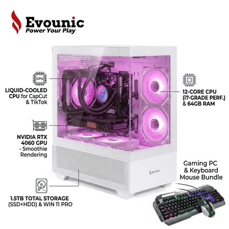 Prebuilt Gaming PC Liquid Cooled CapCut &TikTok Creator PC RTX4060 i7 E5 12Core 64GB RAM Smooth Editing 1.5TB Storage 650W WIN11 WiFi6 BT5.4 RGB 7Fans