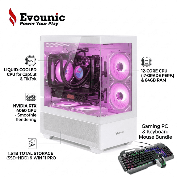 Prebuilt Gaming PC Liquid Cooled CapCut &TikTok Creator PC RTX4060 i7 E5 12Core 64GB RAM Smooth Editing 1.5TB Storage 650W WIN11 WiFi6 BT5.4 RGB 7Fans