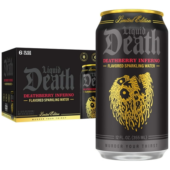 Liquid Death, Deathberry Inferno, Strawberry Lava Flavored Sparkling Water, 6-Pack (12oz Cans), Low Calorie & No Artificial Sweeteners