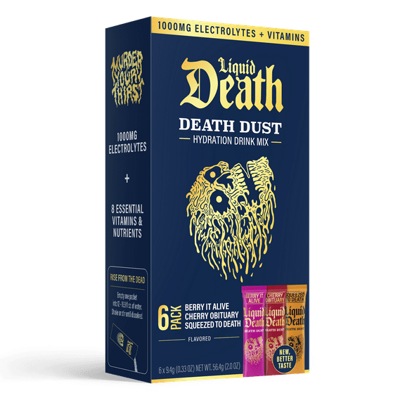 Liquid Death Dust Hydration Powdered Drink Mix, Variety 6 Pack, Berry It Alive, Cherry Obituary, Squeezed to Death,1000mg Electrolytes