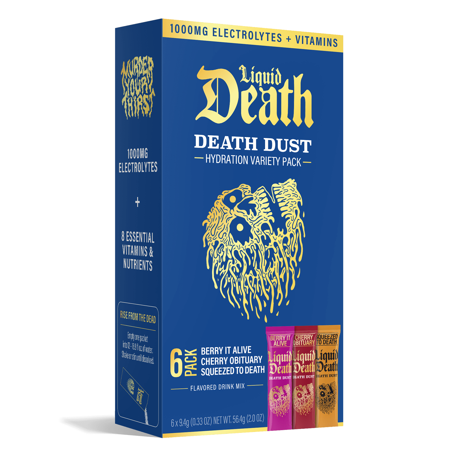 Liquid Death Dust Hydration Powdered Drink Mix, Variety 6 Pack, Berry It Alive, Cherry Obituary, Squeezed to Death,1000mg Electrolytes