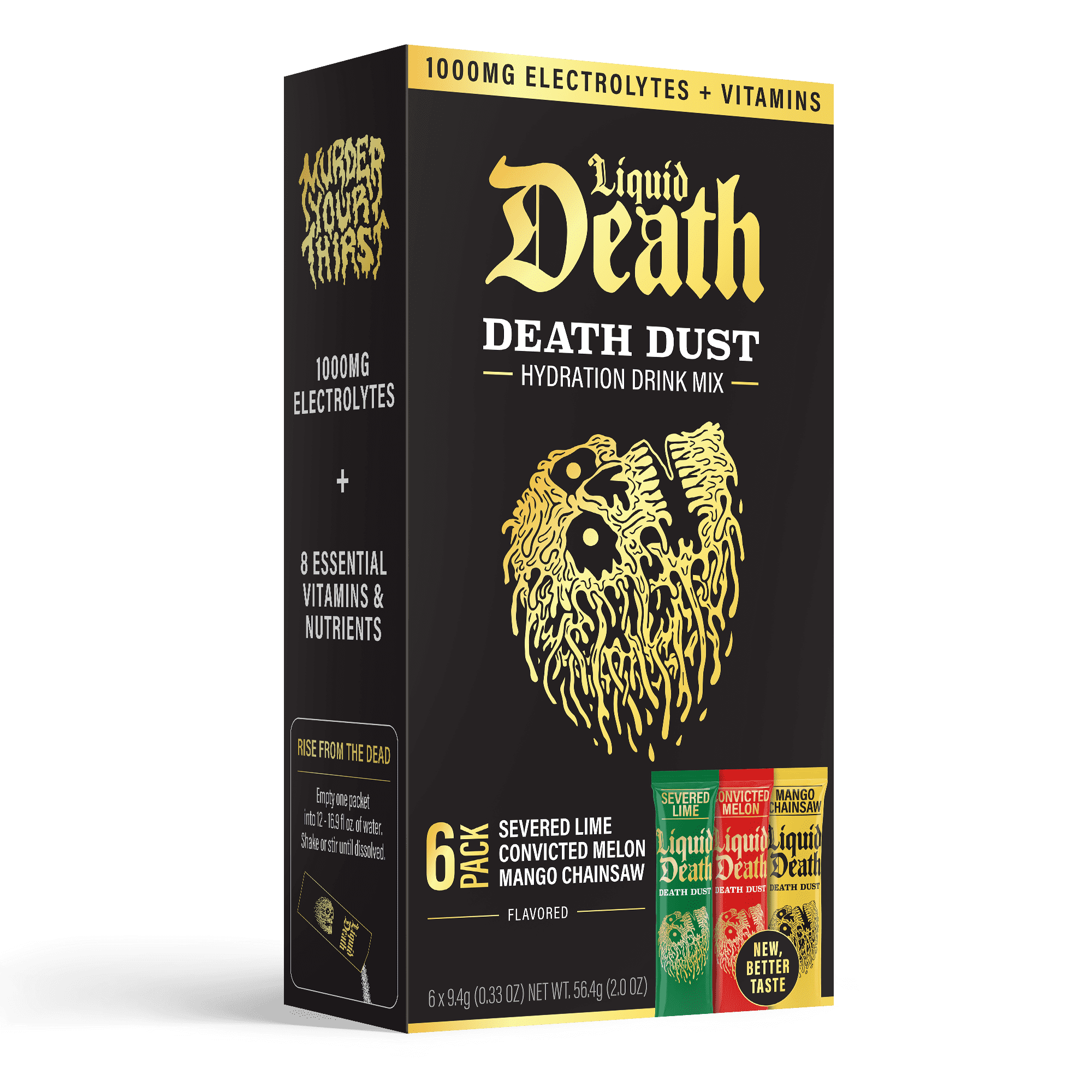 Liquid Death Dust Hydration Powdered Drink Mix, Variety 6 Pack, Severed Lime, Convicted Melon, Mango Chainsaw, 1000mg Electrolytes