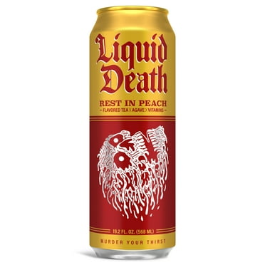Liquid Death, Rest in Peach Iced Tea, 19.2 Oz King Sized Can, Peach Flavored Back Tea, Low Calorie, No Artificial Sweeteners, B12 & B6 Vitamins