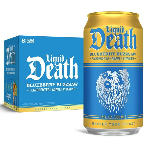 Liquid Death, Blueberry Buzzsaw Flavored Iced Tea, 6-Pack (12 fl oz Cans), Blueberry Flavored Black Tea, Low Calorie, No Artificial Sweeteners, B12 and B6 Vitamins