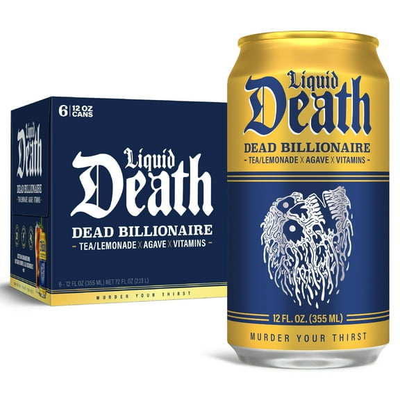 Liquid Death, Dead Billionaire Iced Tea, 6-Pack (12 fl oz Cans), Half Lemonade Half Black Tea, Low Calorie, No Artificial Sweeteners, B12 and B6 Vitamins