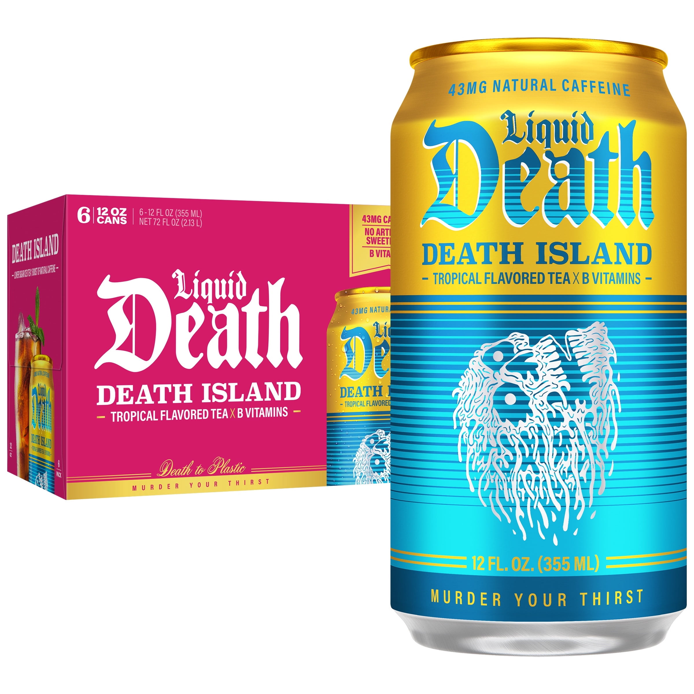 Liquid Death, Death Island Tropical Flavored Iced Tea, 6-Pack (12 fl oz Cans), Less Sugar*, Boost of Caffeine, B Vitamins, No Artificial Sweeteners