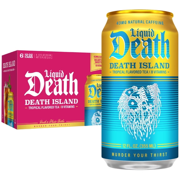 Liquid Death, Death Island Tropical Flavored Iced Tea, 6-Pack (12 fl oz Cans), Less Sugar*, Boost of Caffeine, B Vitamins, No Artificial Sweeteners