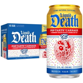 Liquid Death Iced Tea, Pop-Tarts™ Carnage (Frosted Strawberry Toaster Pastry Flavored Black Tea), Less Sugar*, Boost of Caffeine, B Vitamins, No Artificial Sweeteners, 12 Fl Oz (Pack of 6)