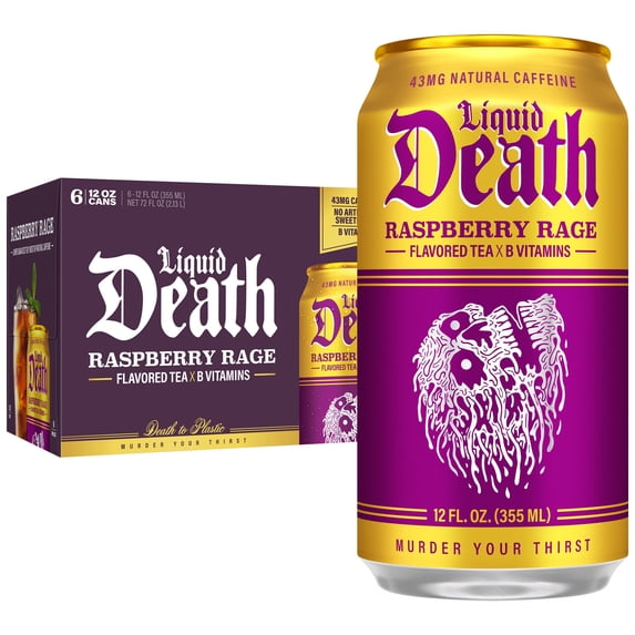 Liquid Death, Raspberry Rage Iced Tea, 6-Pack (12 fl oz Cans), Less Sugar*, Boost of Caffeine, B Vitamins, No Artificial Sweeteners